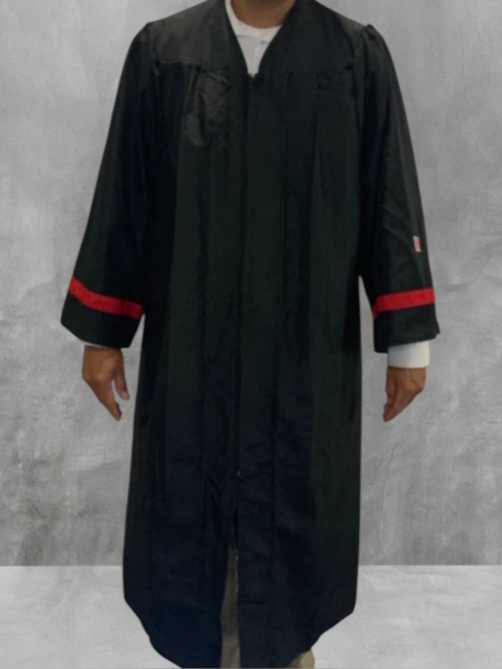 Graduation Cap and Gown Set Black with Red Stripes UHV Logo Size 5'7"-5'8"